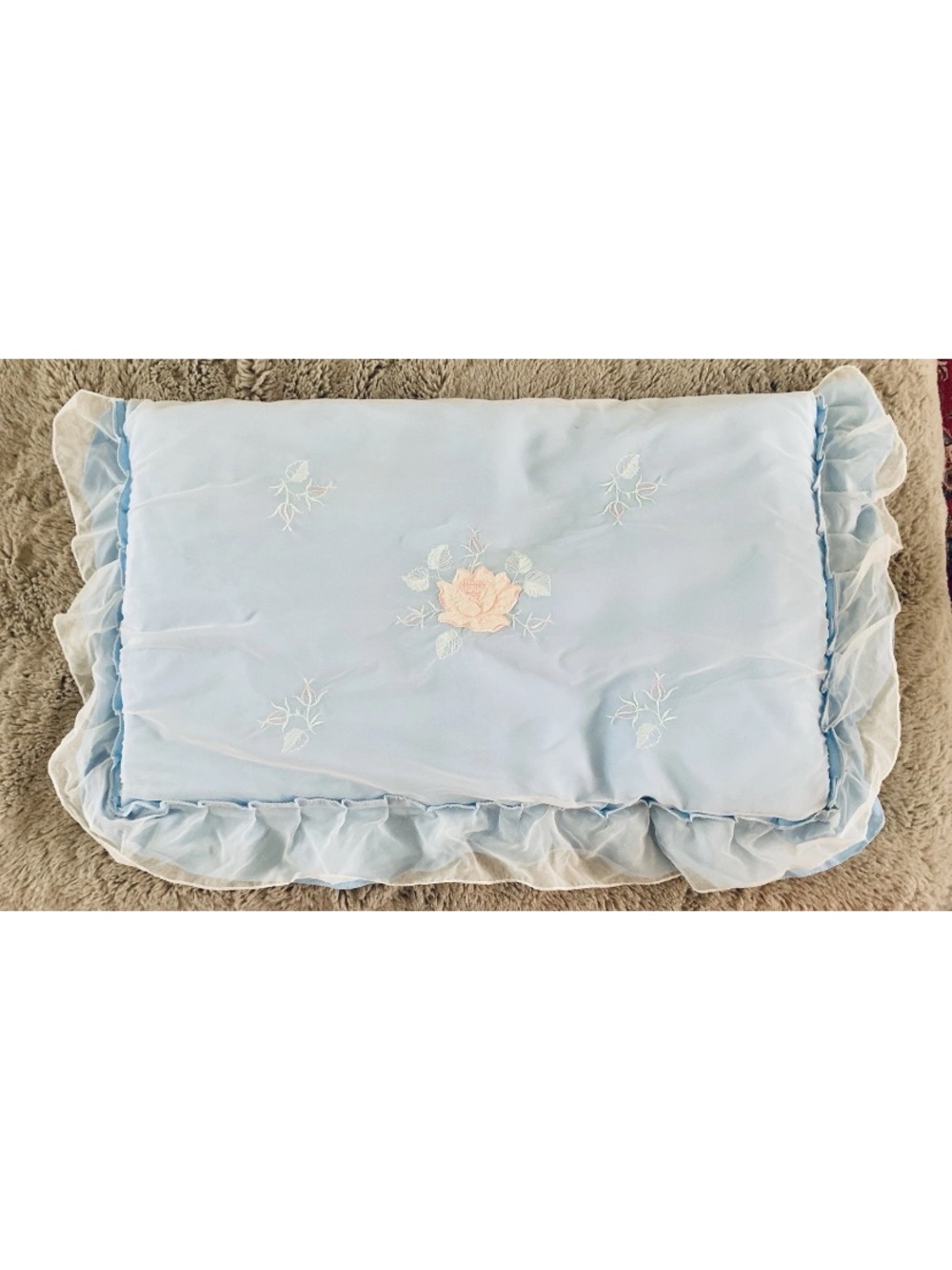 Vtg Leacril Layover Pillow Sham Light Blue Ruffle Roses Granny Victorian